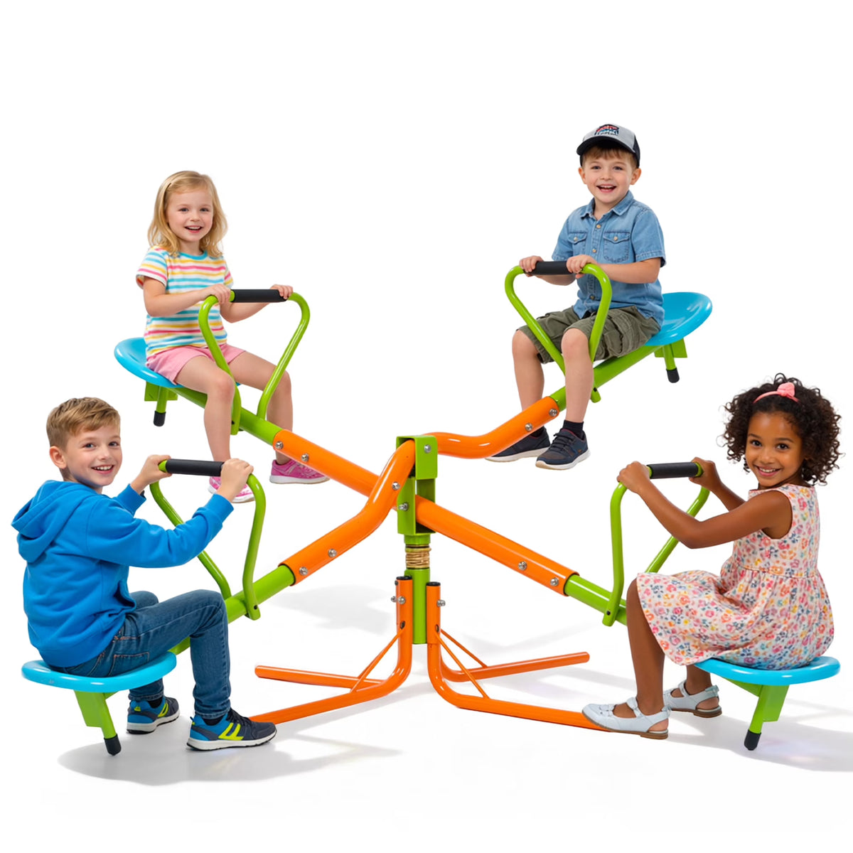 4-Seat Spinning Teeter Totter for Kids Outdoor, Heavy-Duty Swivel Seesaw with Safety Handles, Rust-Proof Kids Teeter Totter for Ages 3-10, 360° Rotating Seesaw for Children Backyard Playground Fun