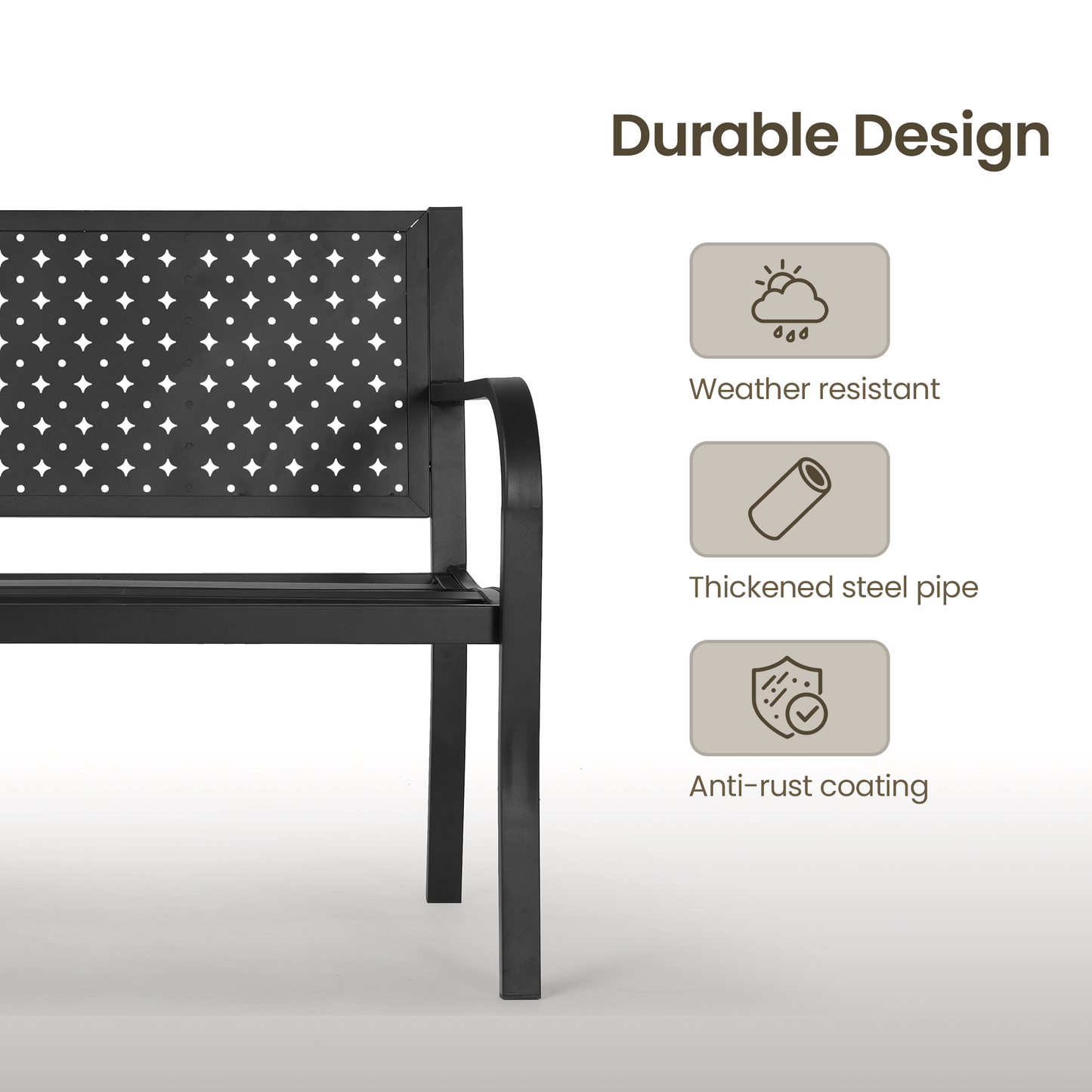 Mousport Outdoor Garden Bench for 2- 3 Person, Metal Mesh Backrest, Supports 500 lbs, Comfortable Seat for Front Porch Yard Lawn Entryway Park Outside, Black