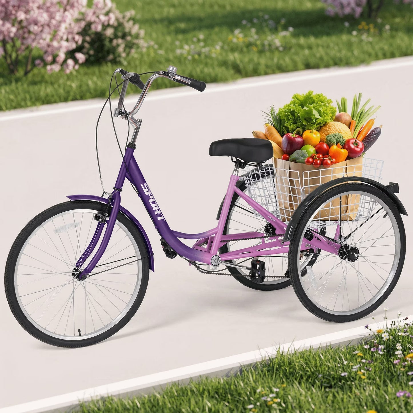 Mousport Adult Tricycle 7-Speed Trikes 3 Wheel Cruiser Bike with Rear Basket, Adjustable Seat, Backrest, 26" All-Terrain Wheels, 360lbs Capacity for Seniors/Commuting (PURPLE)