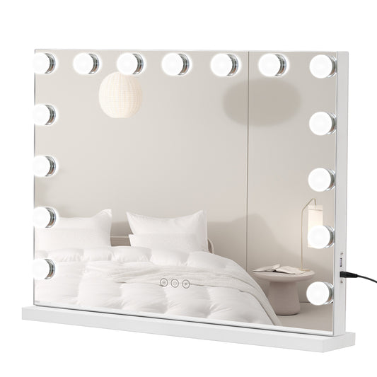 Hollywood Vanity Mirror with Lights 23" x 18" Large Led Makeup Mirror with 15 Bulbs LED 3 Color Modes & USB Charging Port Aluminum Metal Frame, White