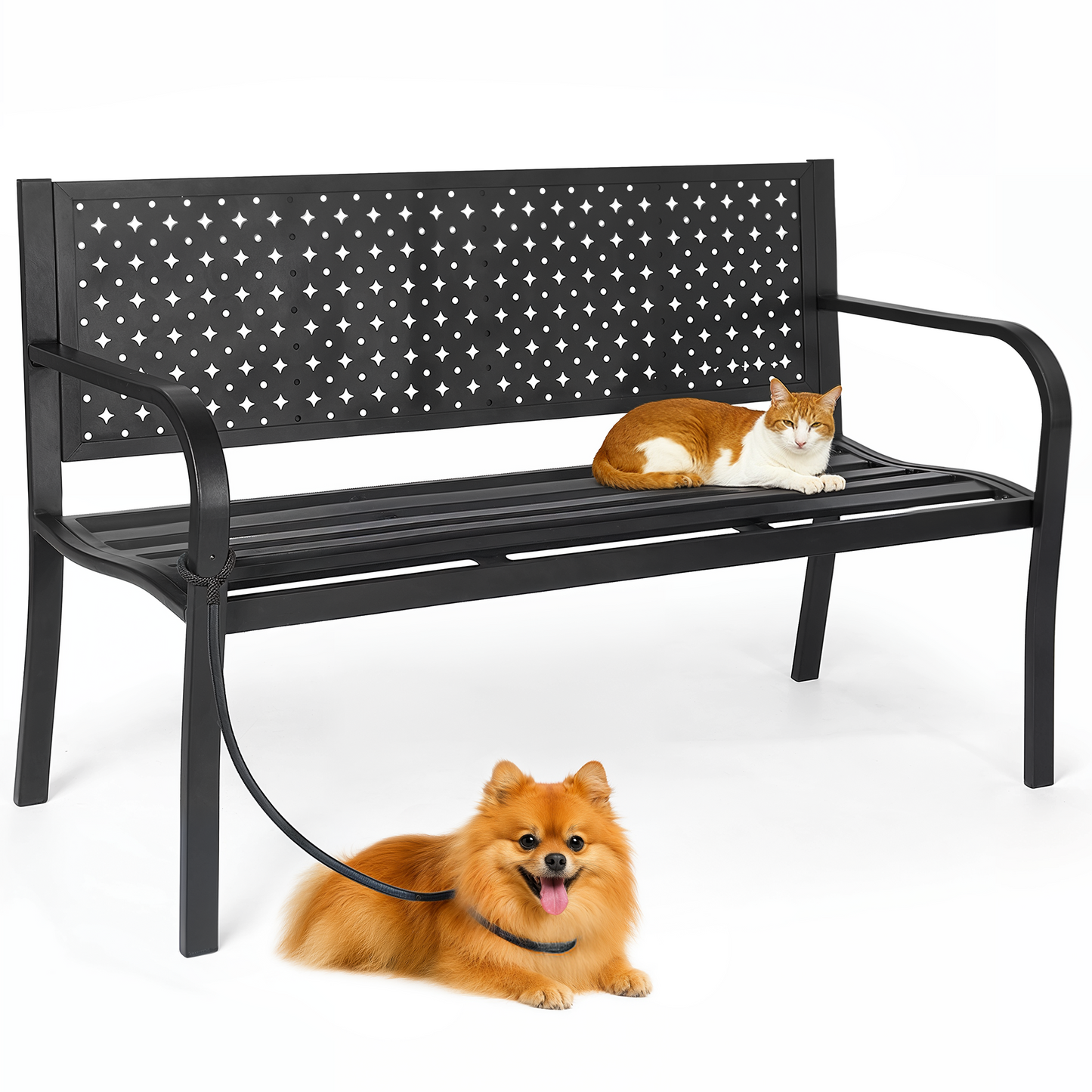 Mousport Outdoor Garden Bench for 2- 3 Person, Metal Mesh Backrest, Supports 500 lbs, Comfortable Seat for Front Porch Yard Lawn Entryway Park Outside, Black
