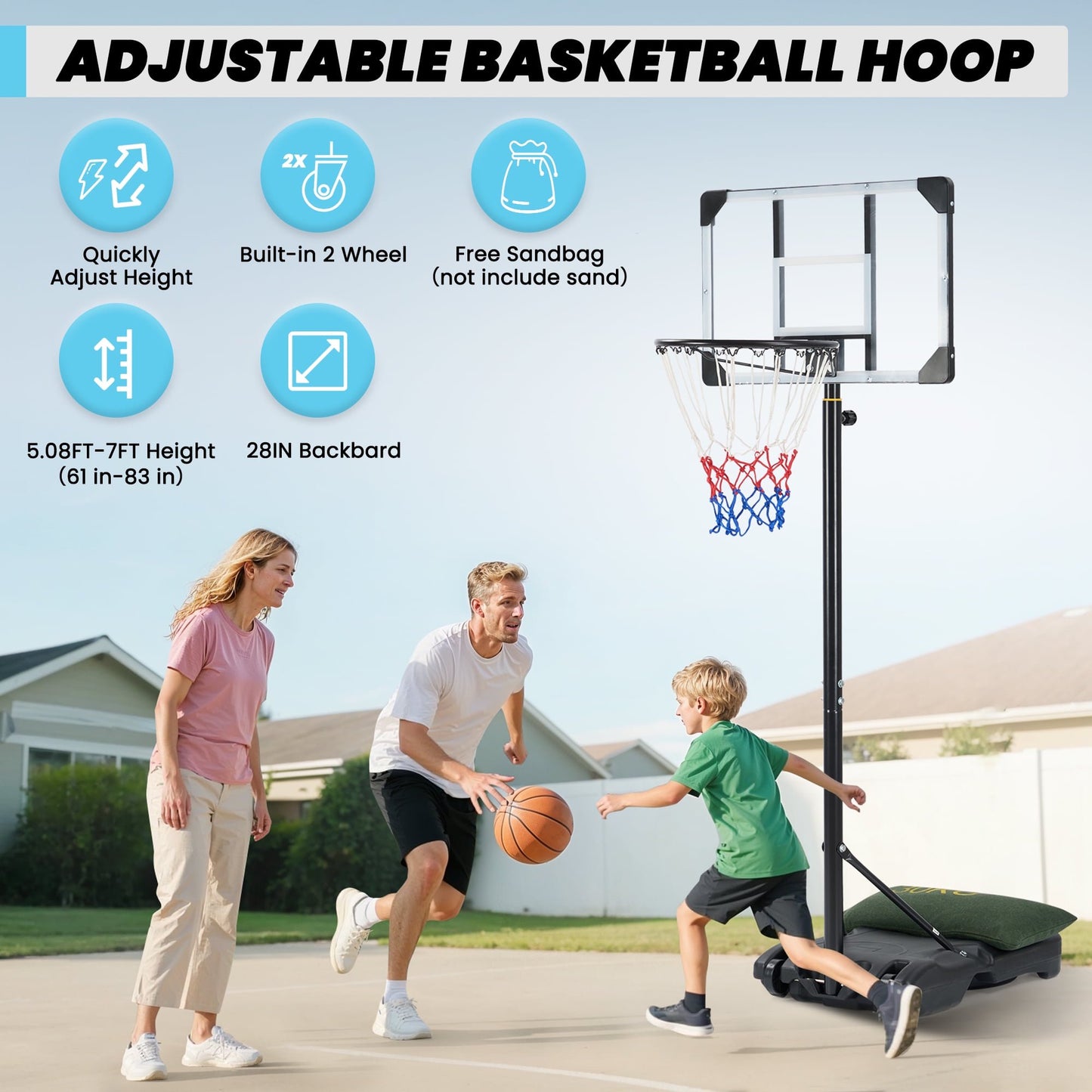 Mousport 28in Basketball Hoop with Height Freely Adjustable Triple Stable Structure for All Age Ranges