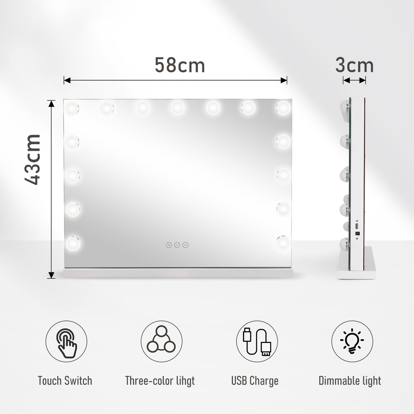 Hollywood Vanity Mirror with Lights 23" x 18" Large Led Makeup Mirror with 15 Bulbs LED 3 Color Modes & USB Charging Port Aluminum Metal Frame, White