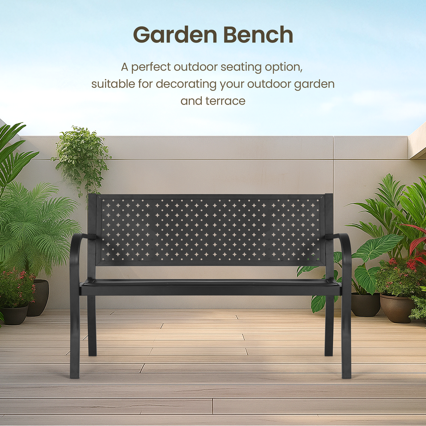 Mousport Outdoor Garden Bench for 2- 3 Person, Metal Mesh Backrest, Supports 500 lbs, Comfortable Seat for Front Porch Yard Lawn Entryway Park Outside, Black