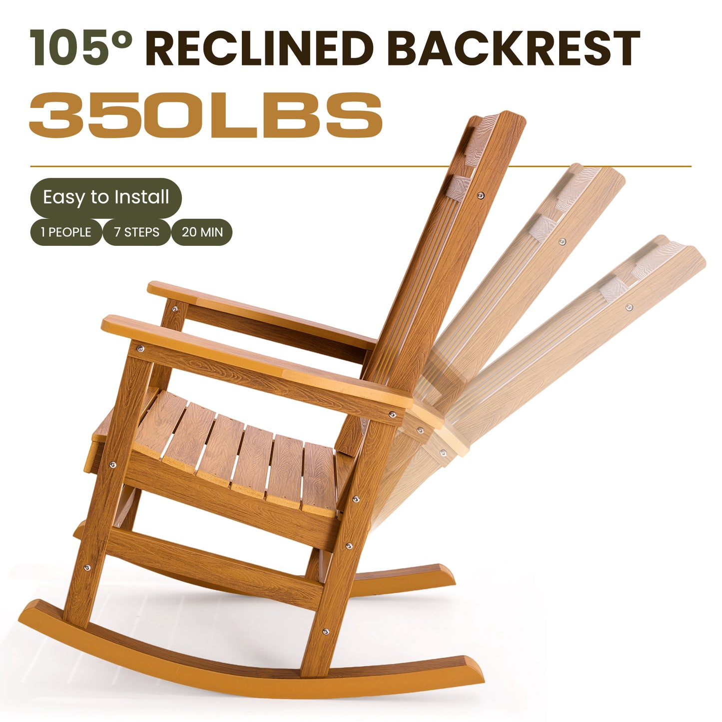 Patio Rocking Chair All-Weather, Porch Rocker Chair 400 lbs Capacity, Outdoor and Indoor, Teak