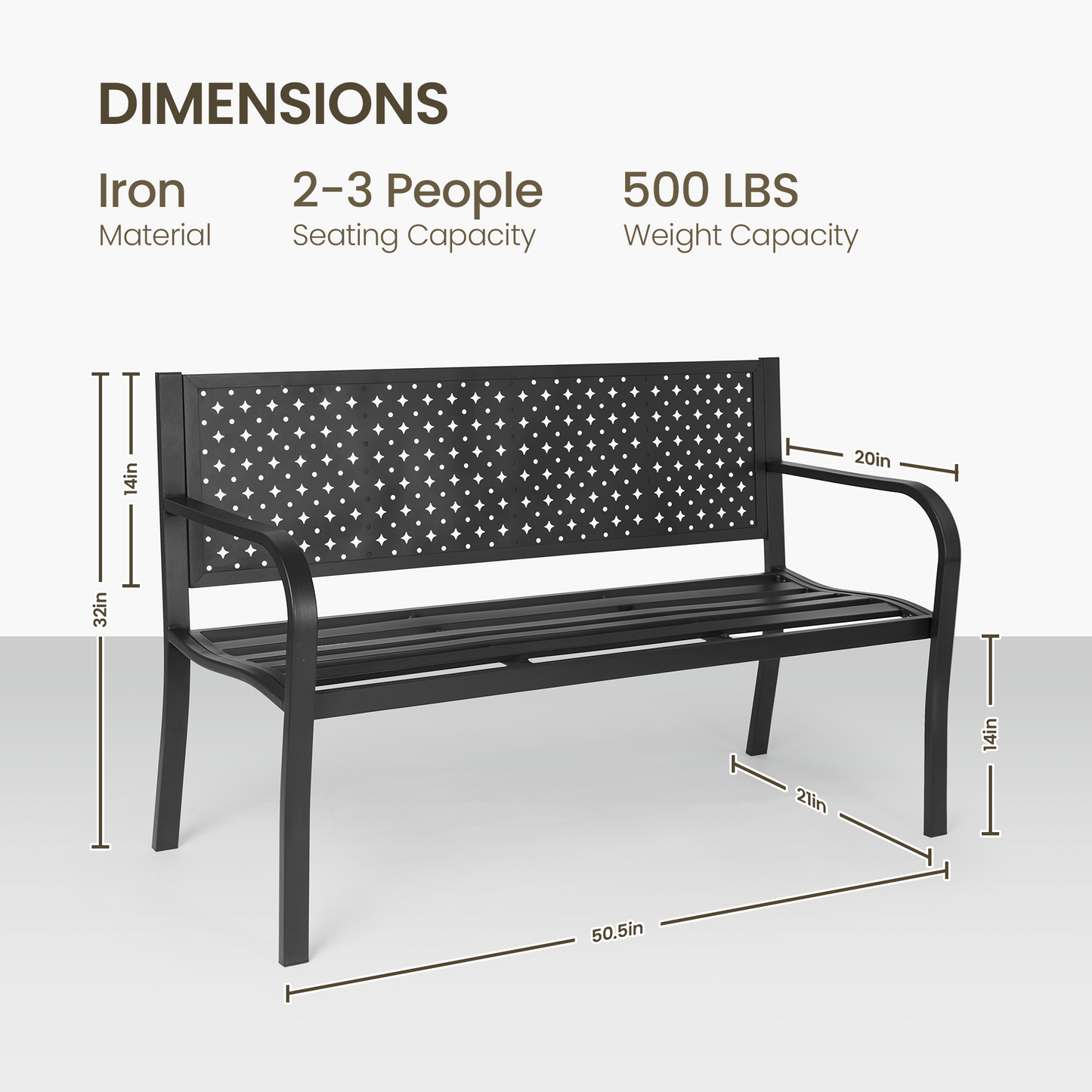 Mousport Outdoor Garden Bench for 2- 3 Person, Metal Mesh Backrest, Supports 500 lbs, Comfortable Seat for Front Porch Yard Lawn Entryway Park Outside, Black