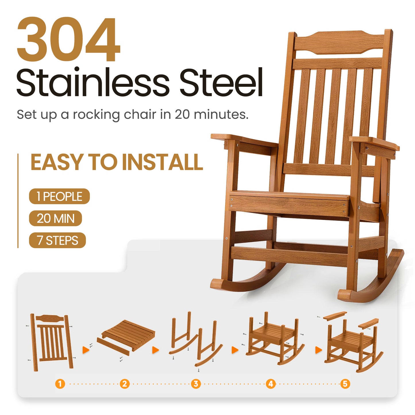 Patio Rocking Chair All-Weather, Porch Rocker Chair 400 lbs Capacity, Outdoor and Indoor, Teak