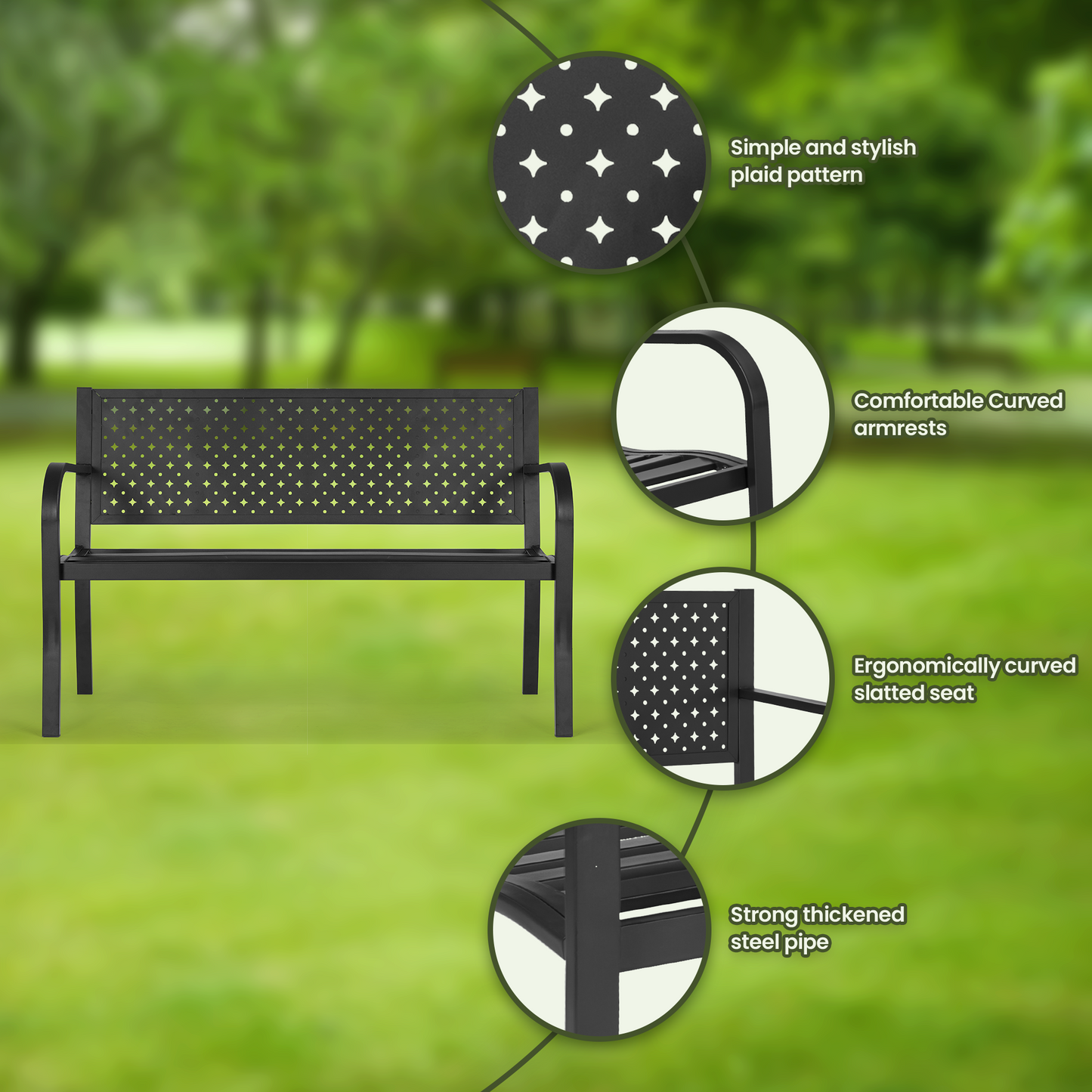 Mousport Outdoor Garden Bench for 2- 3 Person, Metal Mesh Backrest, Supports 500 lbs, Comfortable Seat for Front Porch Yard Lawn Entryway Park Outside, Black