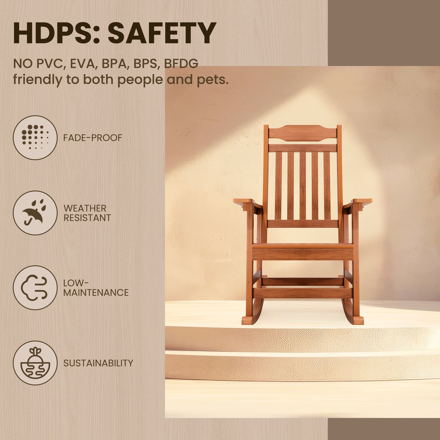 Patio Rocking Chair All-Weather, Porch Rocker Chair 400 lbs Capacity, Outdoor and Indoor, Teak