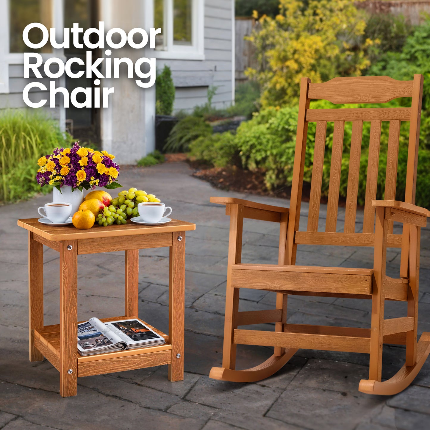 Patio Rocking Chair All-Weather, Porch Rocker Chair 400 lbs Capacity, Outdoor and Indoor, Teak