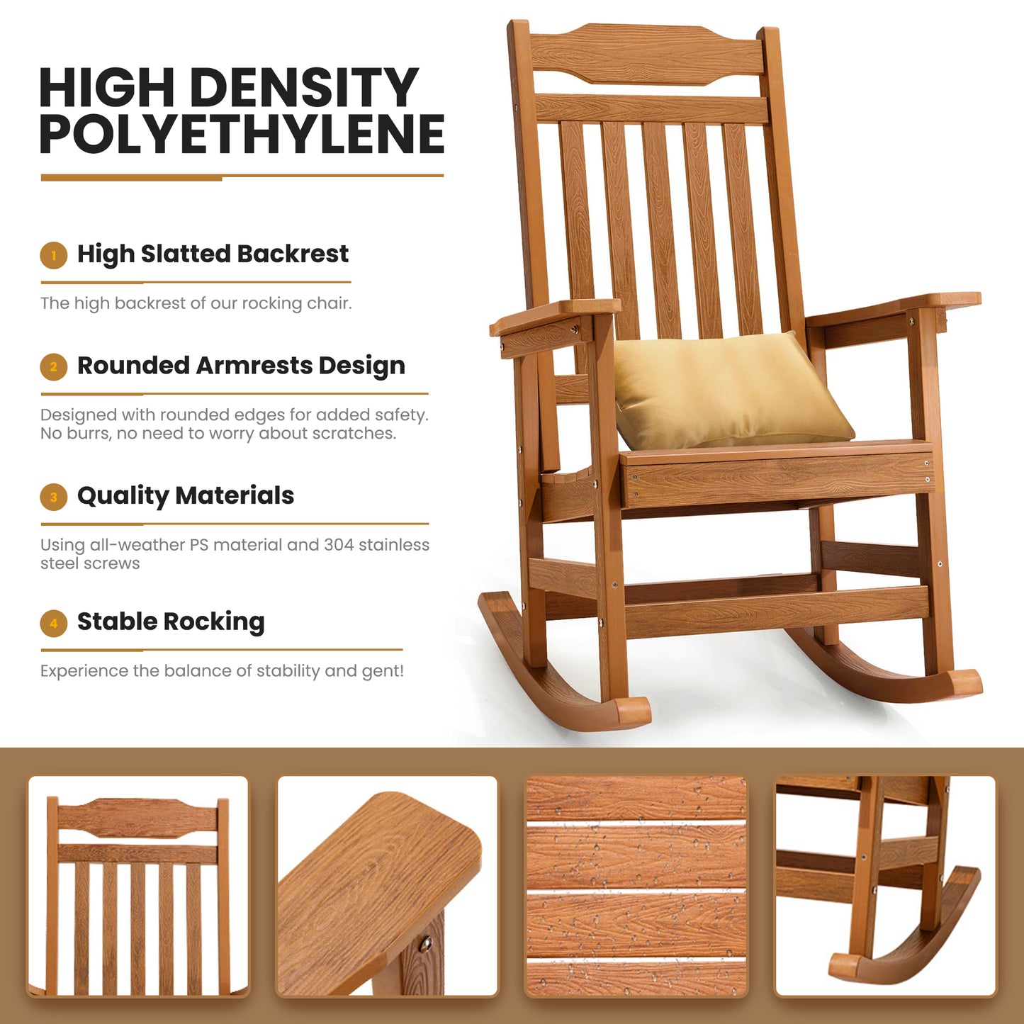 Patio Rocking Chair All-Weather, Porch Rocker Chair 400 lbs Capacity, Outdoor and Indoor, Teak