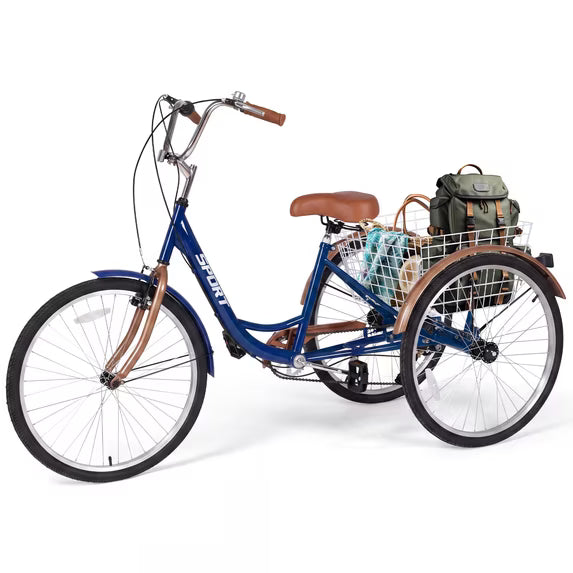 Mousport 26" Adult Tricycle, Carbon Steel 3 Wheel Bikes 7 Speed Trikes with Adjustable Seat Shopping Basket 360lbs Capacity for Seniors/Commuting, Blue Brown