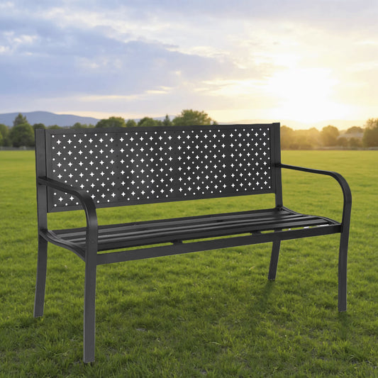 Mousport Outdoor Garden Bench for 2- 3 Person, Metal Mesh Backrest, Supports 500 lbs, Comfortable Seat for Front Porch Yard Lawn Entryway Park Outside, Black