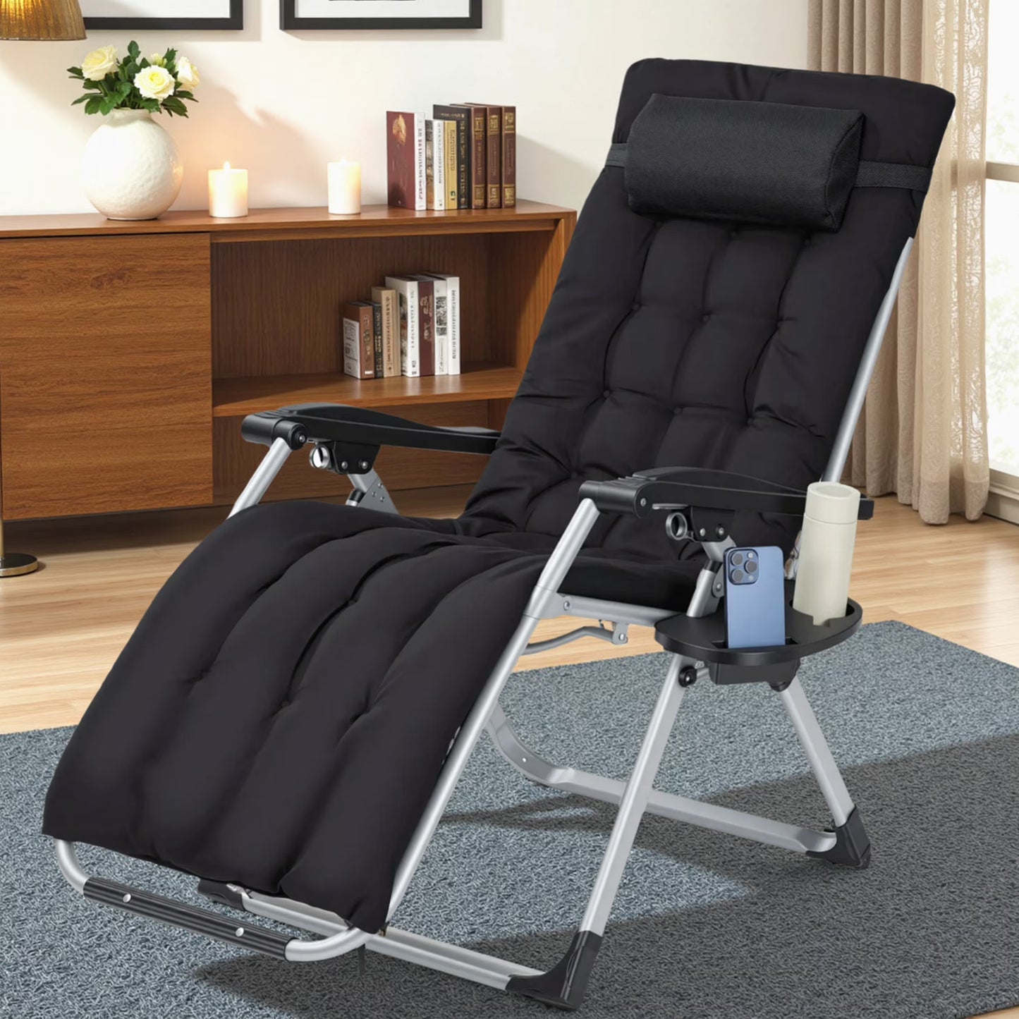 Mousport Zero Gravity Chair, Folding Adjustable Indoor Outdoor Foldable Padded Lounge Chair Reclining Lounge Chair with Removable Cushion, Headrest and Cup Holder, 353lbs, Black