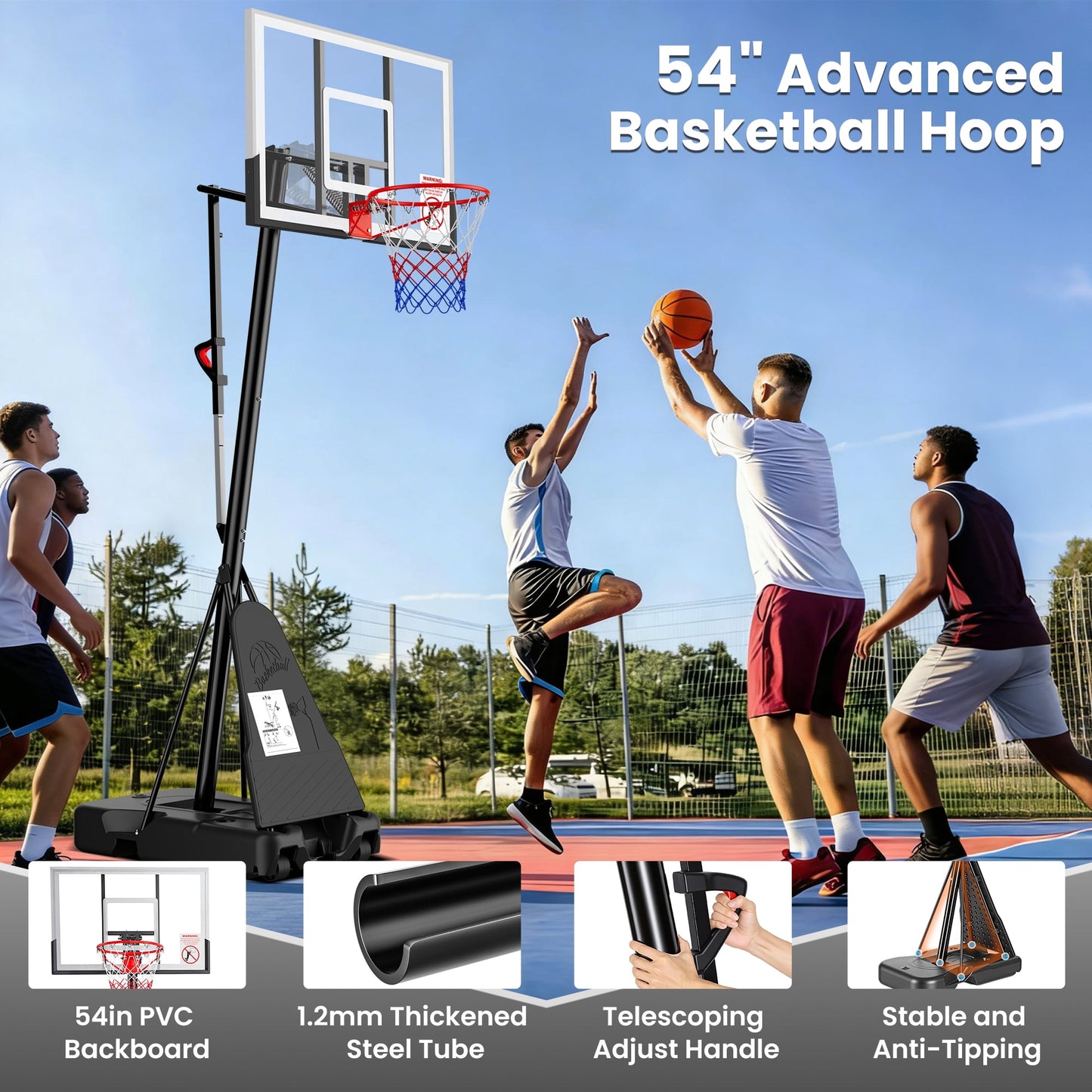 Mousport 54" Basketball Hoop One Step Height Adjustment Adjustable 8ft - 10ft Height with Two Wheels for All Age Outdoor Use