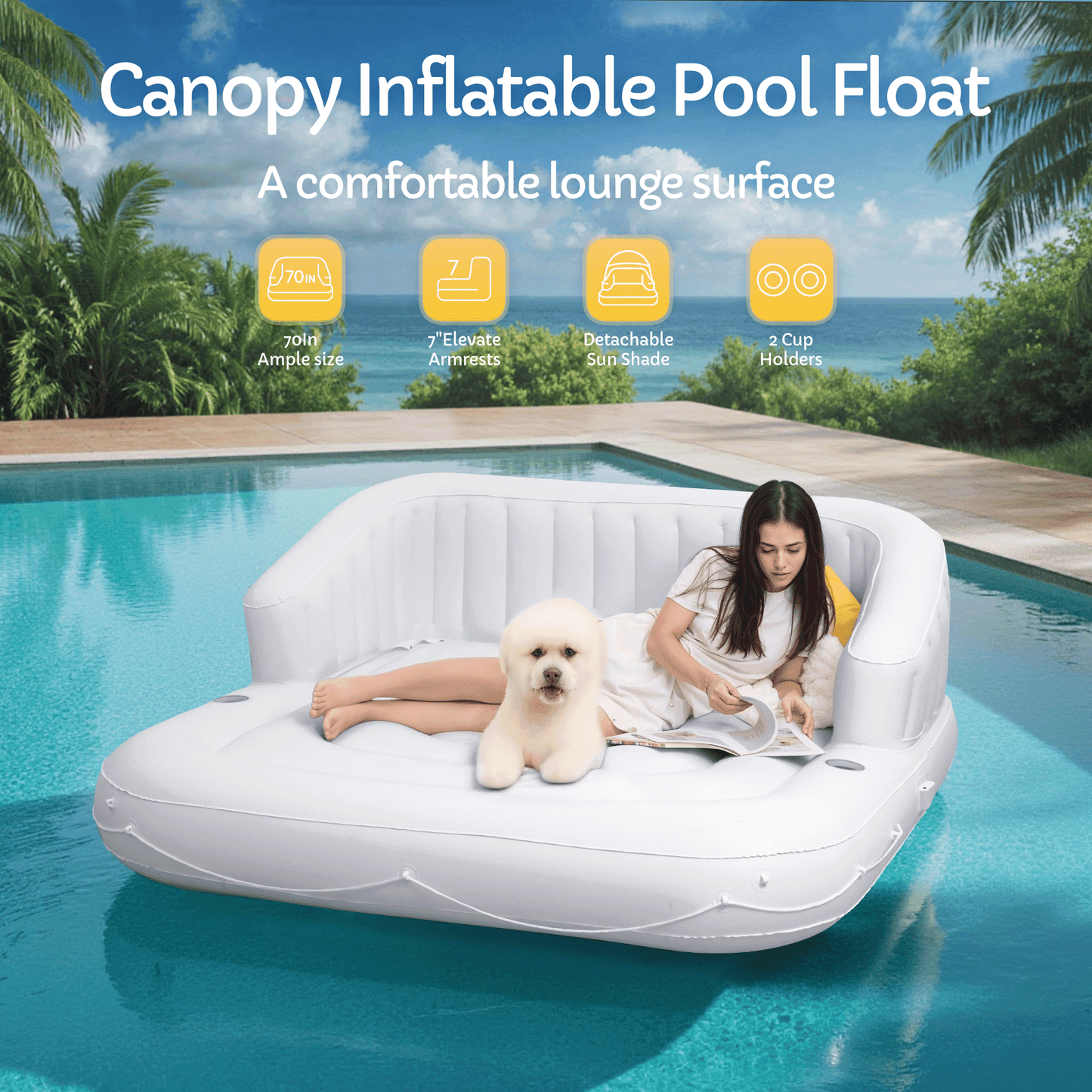 Mousport 70in Tanning Pool Lounger Float 2 Person with Removable Sunshade Inflatable Pool Float for Family Friends Youths